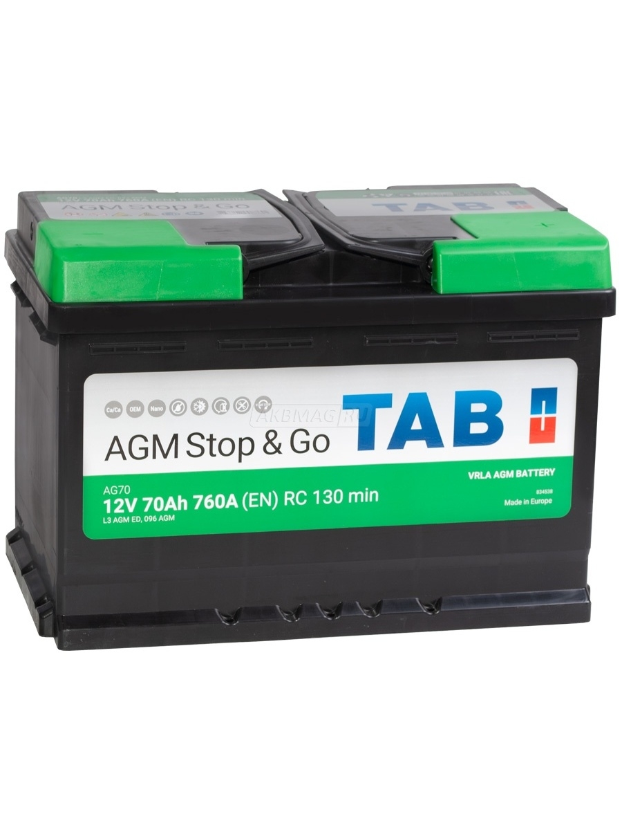 Аккумулятор автомобильный TAB AGM Start&Go 70 Ah 760 А обратная полярность 278x175x190