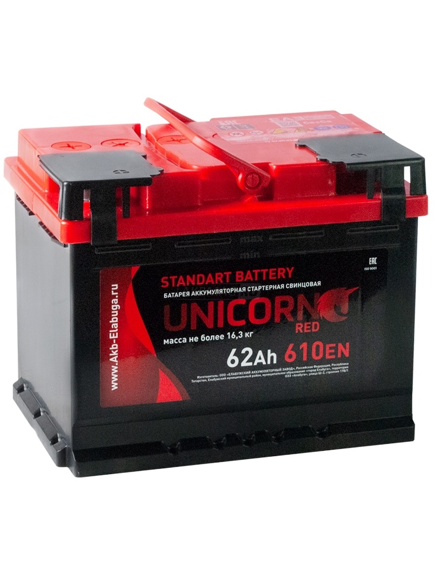 Автомобильный UNICORN RED 62 Ah 610А прямая полярность 242x175x191