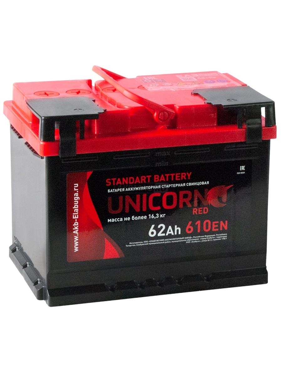 Автомобильный UNICORN RED 62 Ah 610А обратная полярность 242x175x190