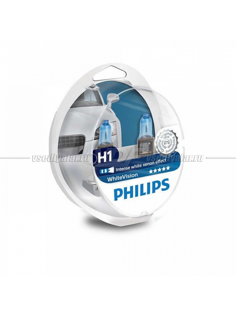 Лампа галогенная PHILIPS H1 White Vision 3700K 12V 55W + W5W 12V-5W, по 2 шт.