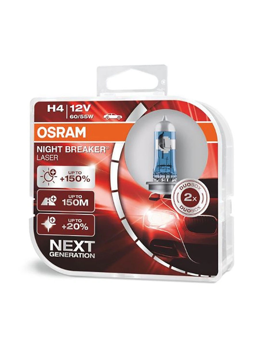 Лампа автомобильная Галогенные лампы Osram Night Breaker Laser +150% , H4, 12v , 2 шт , 64193NL-HCB