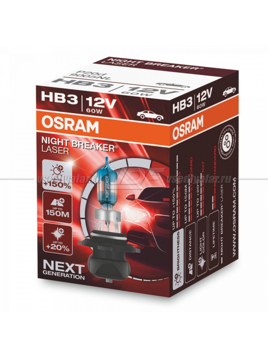 Лампа галогенная OSRAM HB3 Night Breaker Laser 12V 60W, 1шт.