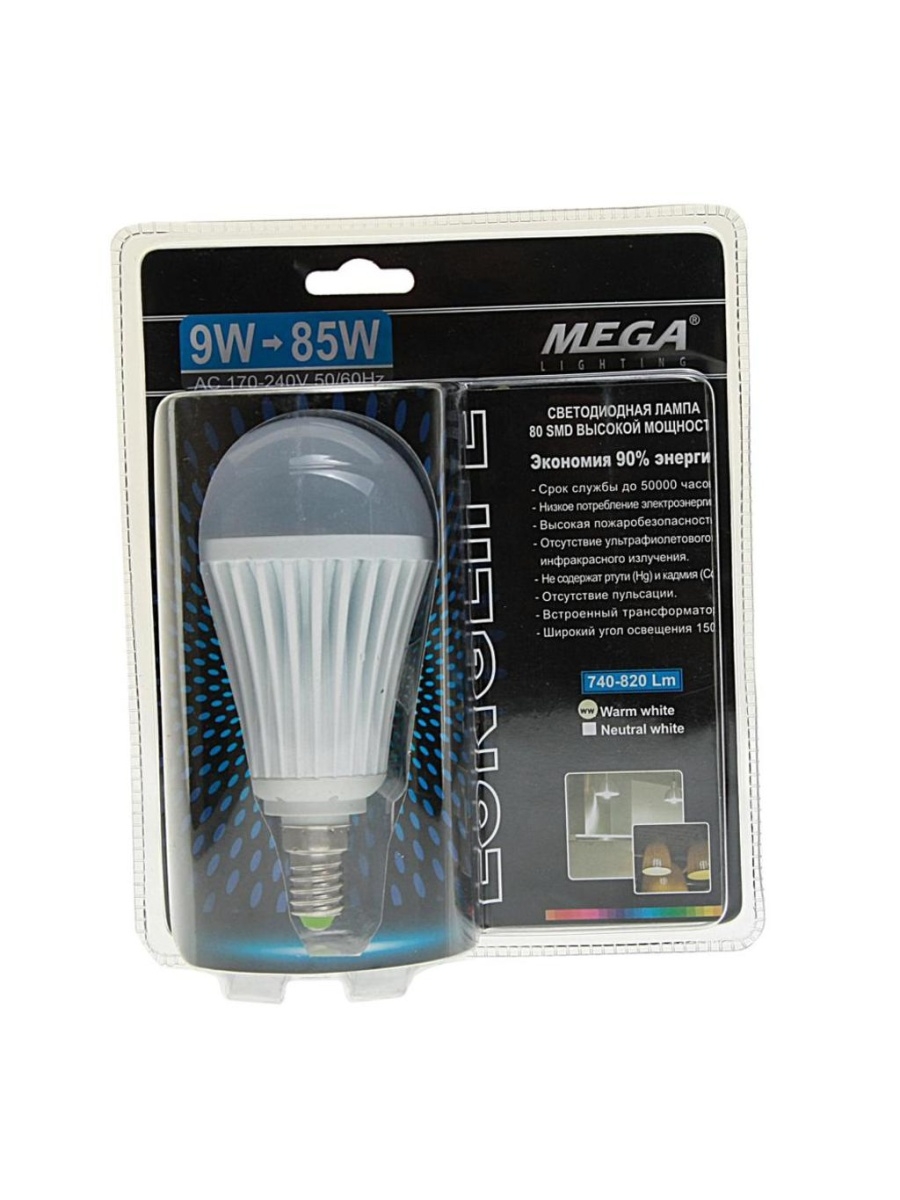 Лампа светодиодная E14 A60 9W(85W) 220V теплый MEGA LIGHTING  LM-0927WWW-E14