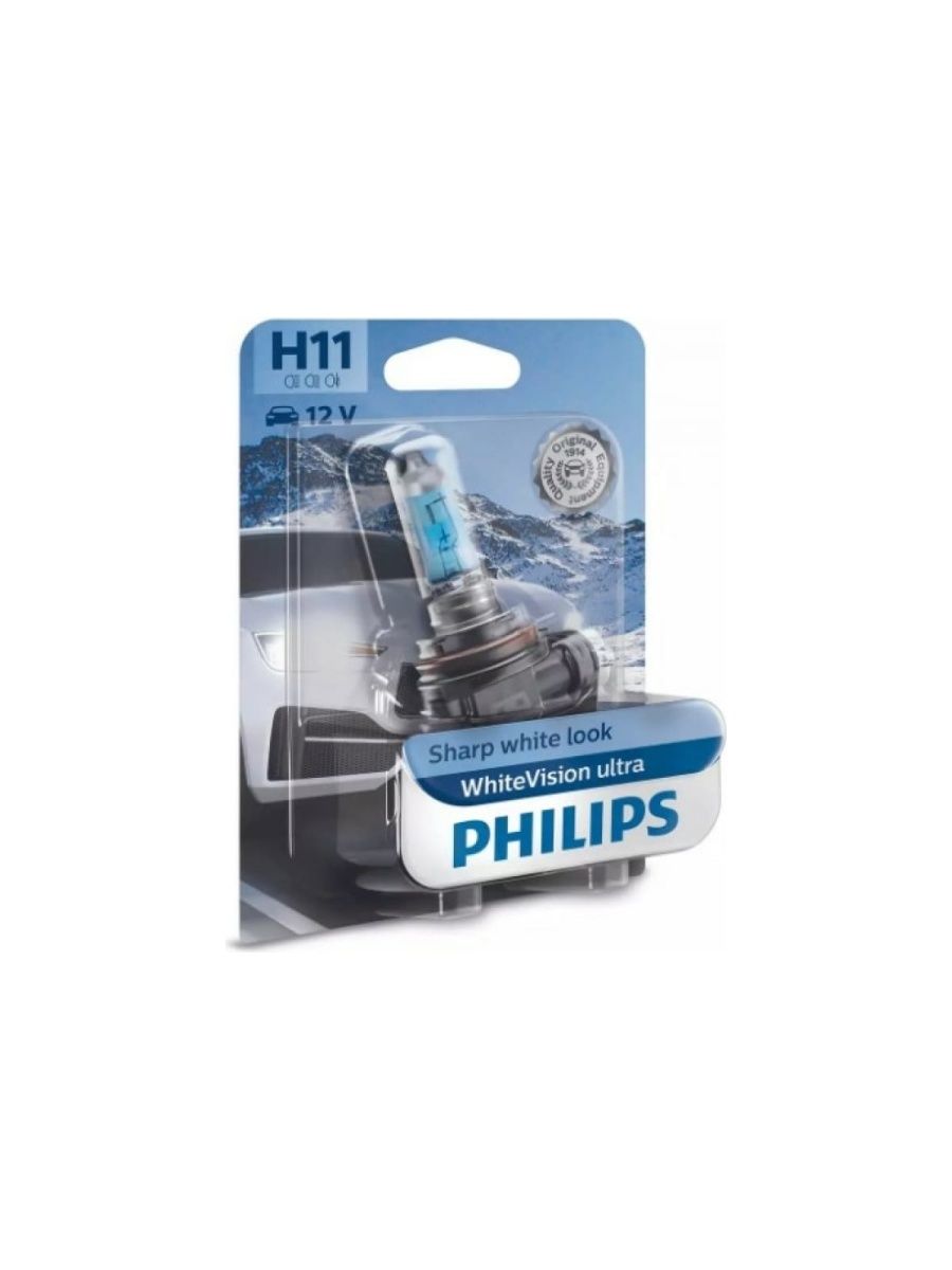 Автолампа PHILIPS H11, 55 Вт, PGJ19-2, WhiteVision ultra 4000 K, 12 В 12362WVUB1