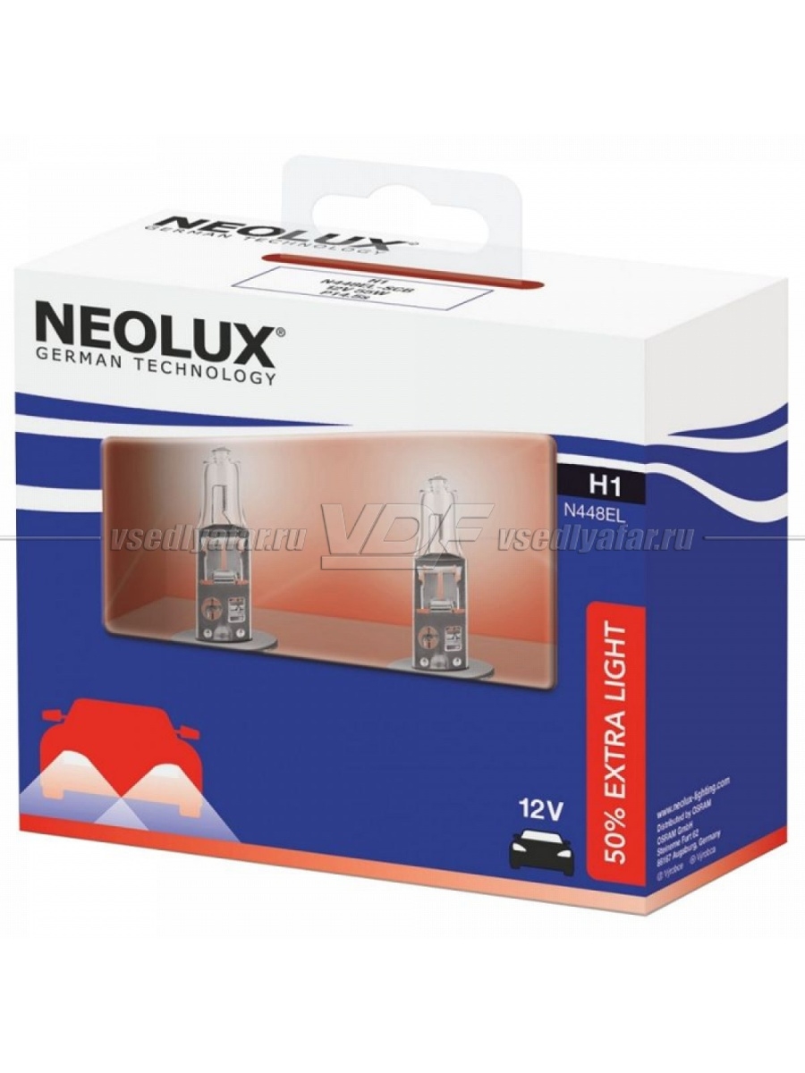 Лампа галогенная Neolux H1 12V-55W (+50% света) Extra Light DuoBox, 2 шт