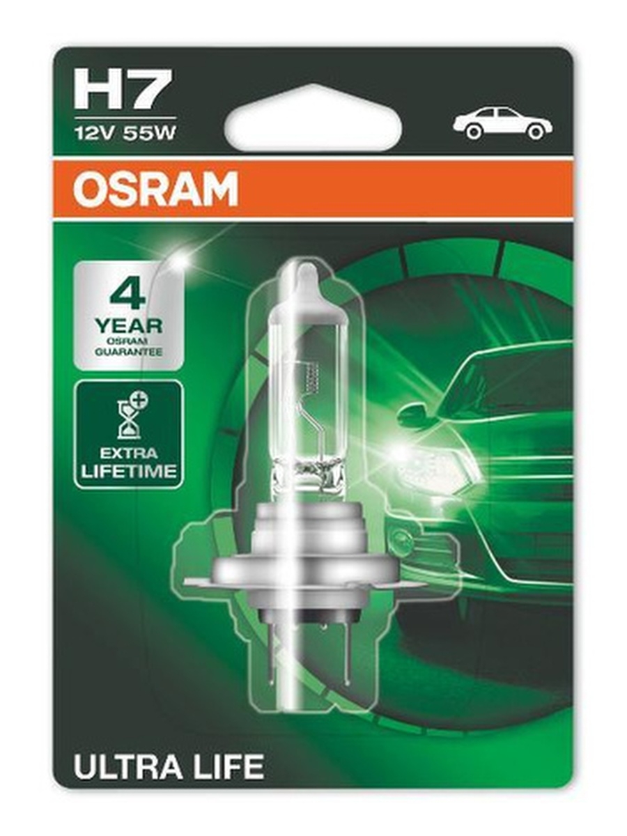 Лампа автомобильная галогенная Osram ULTRA LIFE, H7, 12V, цоколь PX26d, 1 шт