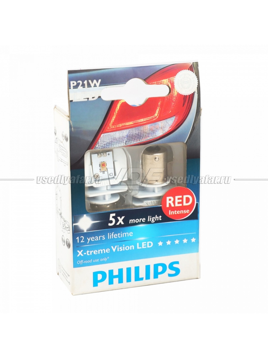 Светодиодные лампы PHILIPS X-tremeVision RED LED P21W, 1224V 2W, 2 шт.