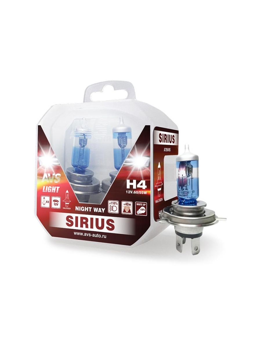 Лампа 12 В H4  6055 Вт +110% галогенная 2 шт. Sirius Night Way AVS, A78949S