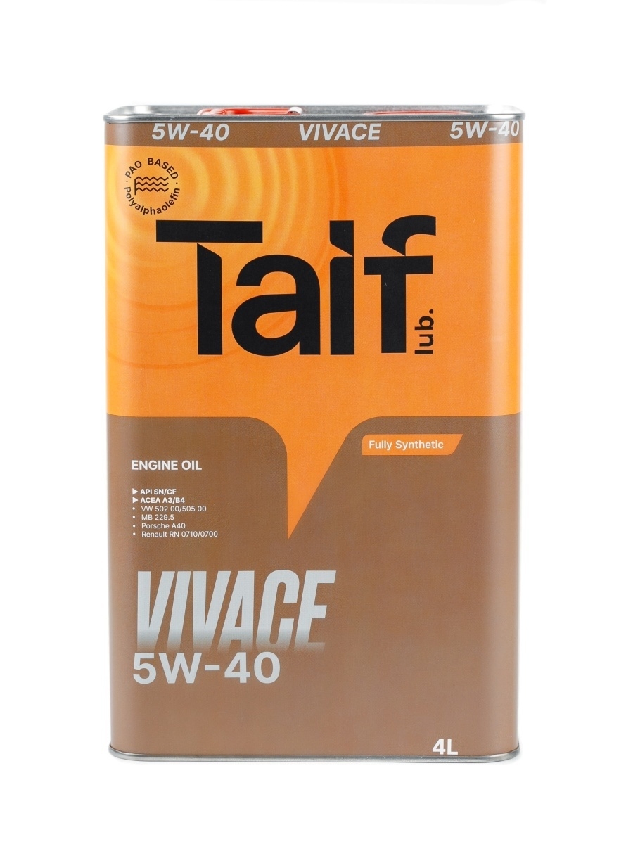 Масло моторное TAIF VIVACE, синтетическое, ПАО, SAE 5W40,API SNCF, ACEA A3B4, 4л